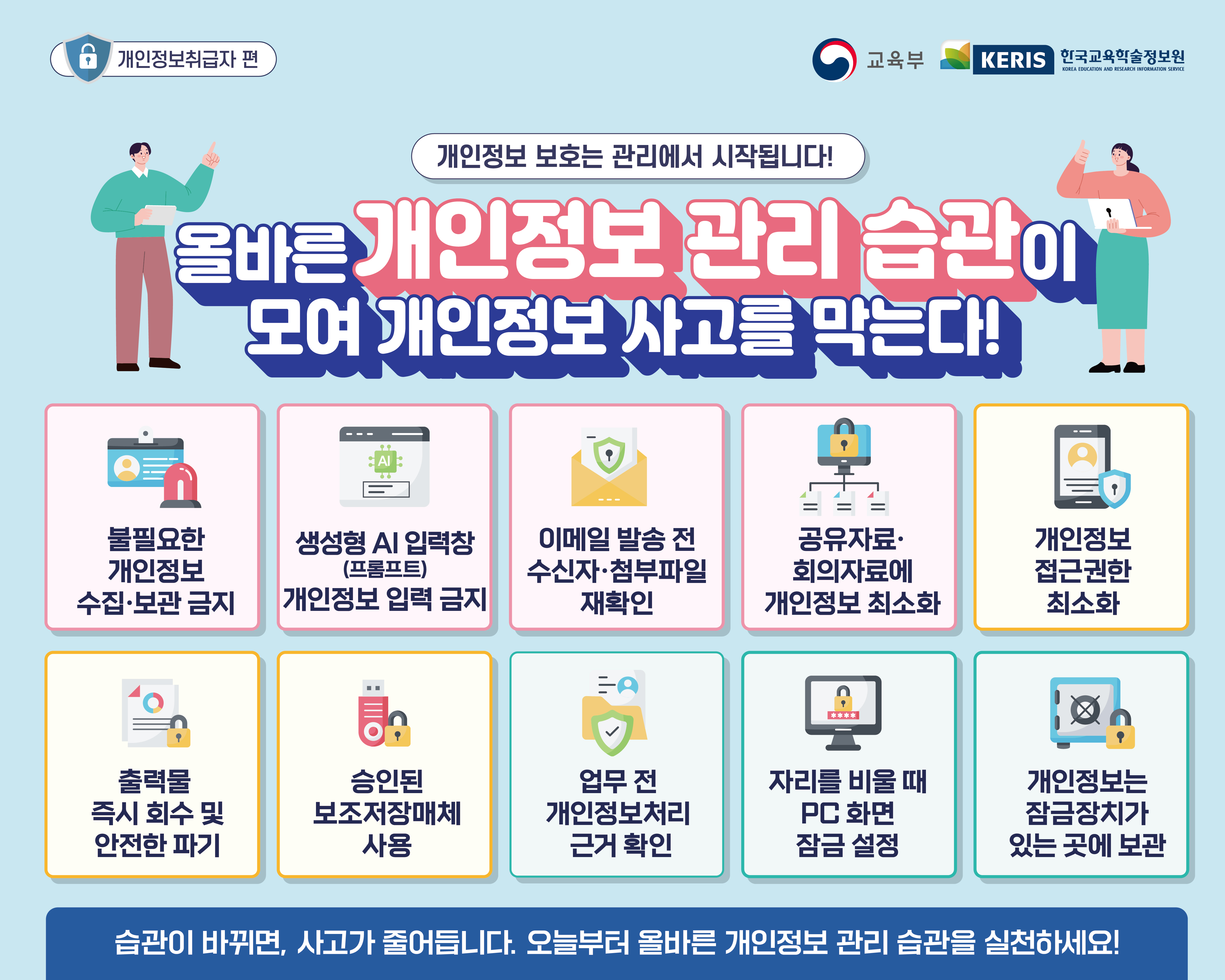 개인정보취급자 편 교육부 KERIS 한국교육학술정보원 개인정보 보호는 관리에서 시작됩니다! 올바른 개인정보 관리 습관이 모여 개인정보 사고를 막는다! 불필요한 개인정보 수집·보관 금지 생성형 AI 입력창(프롬프트) 개인정보 입력 금지 이메일 발송 전 수신자·첨부파일 재확인 공유자료·회의자료에 개인정보 최소화 개인정보 접근권한 최소화 출력물 즉시 회수 및 안전한 파기 승인된 보조저장매체 사용 업무 전 개인정보처리 근거 확인 자리를 비울 때 PC 화면 잠금 설정 개인정보는 잠금장치가 있는 곳에 보관 습관이 바뀌면, 사고가 줄어듭니다. 오늘부터 올바른 개인정보 관리 습관을 실천하세요!